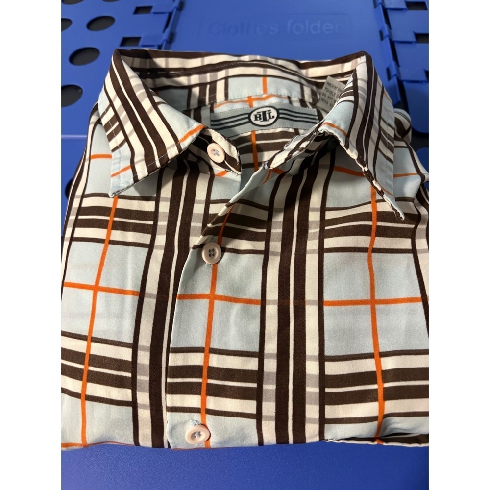 BTL Mens Plaid Short Sleeve Button Down Shirt Blue Brown Orange Size Large‎